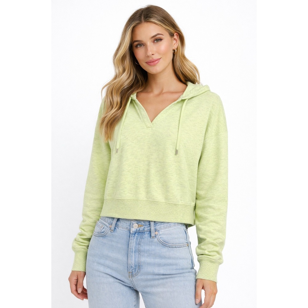 CALIA Womens‎ S Cropped Pullover Hoodie V Neck Heathered Light Green Athleisure